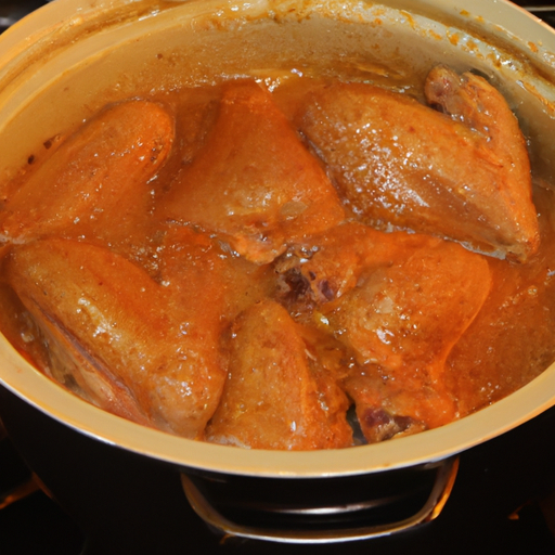 A Dutch oven filled with chicken wings submerged in flavorful cooking fat, ready to be slow-cooked to perfection.