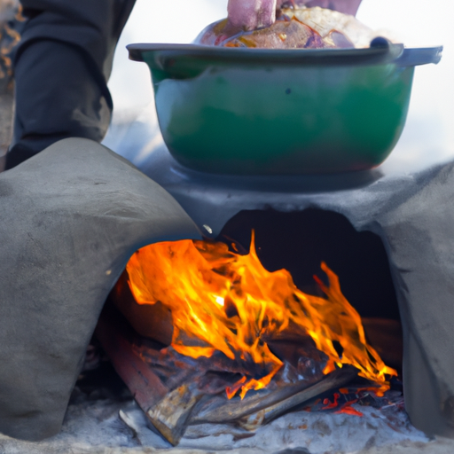 A person cooking a Dutch oven roast over an open fire.